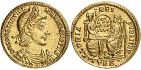 EMPIRE ROMAIN
Constance II (324-361). Solidus, Thessalonique.
Av. D N CONSTANTIVS - MAX AVGVSTVS Buste diadémé, drapé et cuirassé de Constance II à ...