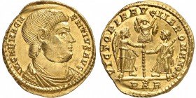 EMPIRE ROMAIN
Magnence (350-353). Solidus 351-353, Arles.
Av. Buste drapé à droite. Rv. La Victoire et la Liberté debout tenant ensemble un trophée....