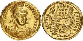 EMPIRE ROMAIN
Constantin II (351-355). Solidus, Nicomédie.
Av. FL IVL CONSTAN-TIVS PERP AVG Buste diadémé et cuirassé de Constantin II à droite, ten...