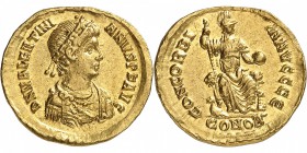 EMPIRE ROMAIN
Valentinien II (388-392). Solidus, Constantinople.
Av. D N VALENTINI-ANVS P F AVG Buste diadémé, drapé et cuirassé de Valentinien II à...