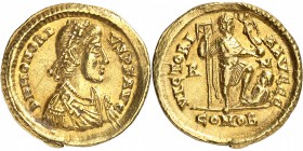 EMPIRE ROMAIN
Honorius (393-423). Solidus, Rome. 
Av. Buste diadémé, drapé et cuirassé à droite. Rv. Honorius debout à droite, tenant un étendard et...