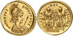 EMPIRE ROMAIN
Théodose II (402-450). Solidus, Constantinople.
Av. D N THEODO-SIVS P F AVG Buste diadémé et cuirassé de Théodose II à droite, tenant ...