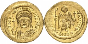 EMPIRE BYZANTIN
Justinien (527-565). Solidus, Constantinople.
Av. D N IVSTINI-ANVS PP AVG Buste diadémé, couronné et cuirassé de Justinien Ier de fa...