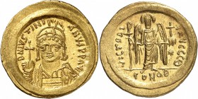 EMPIRE BYZANTIN
Justinien I (545-565). Solidus, Constantinople.
Av. D N IVSTINIANVS P P AVG Buste diadémé, couronné et cuirassé de Justinien Ier de ...
