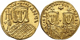 EMPIRE BYZANTIN
Constantin V et Léon IV (757-775). Solidus, Constantinople.
Av. G - LE-ON PAMYL Buste de Léon III couronné, vêtu du loros, tenant un...