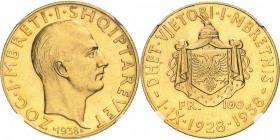 ALBANIE
Zog Ier (1925-1939). 100 franga or 1938R, Rome.
Av. Tête nue à droite. Rv. Écu posé sur un manteau.
Fr. 13.
NGC PR 62. Flan bruni, Superbe...