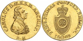 ALLEMAGNE
Francfort, Charles de Dalberg (1806-1813). Ducat 1809.
Av. Buste habillé à droite. Rv. Écu couronné. 
Fr. 2582. 3,48 grs.
Presque Superb...