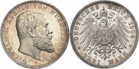 ALLEMAGNE
Württemberg, Wilhelm II (1891-1918). 3 mark 1908 F, Württemberg.
Av. Tête nue à droite. Rv. Aigle couronné. 
J. 175.
PCGS PR 63 CAM. Fla...
