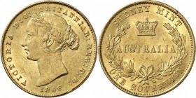 AUSTRALIE
Victoria (1837-1901). Souverain 1866, Sydney.
Av. Tête laurée à gauche. Rv. Australia dans une couronne surmonté de la couronne impériale....