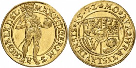 AUTRICHE
Saint Empire, Maximilien II (1564-1576). Ducat 1572, Breslau.
Av. L’empereur debout. Rv. Ecu.
Fr. 447. 3,49 grs.
Rare et Fleur de coin