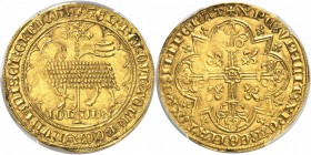 BELGIQUE
Brabant, Jean et Wenceslas (1355-1383). Double mouton d’or.
Av. Agneau pascal à gauche, la tête tournée à droite, dans un polylobe, légende...