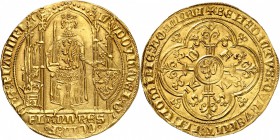 BELGIQUE
Flandres, Louis de Mâle (1346-1384). Franc à pied.
Av. Le roi, couronné, debout sous un dais accosté de lis, portant une cotte d’armes fleu...