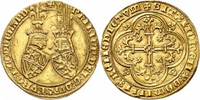 BELGIQUE
Flandres, Philippe le Hardi (1386-1387). Double heaume d’or, Gand.
Av. Écus heaumés de Bourgogne et de Flandres, petite étoile centrale. Rv...