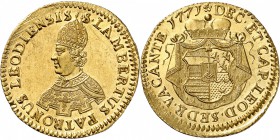 BELGIQUE
Liège, Siège vacant (1771-1772). Ducat 1771.
Av. Buste du Saint Lambert à gauche. Rv. Écu couronné.
Del. 370, Fr. 336. 3,45 grs.
150 exem...