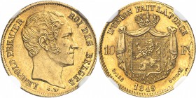 BELGIQUE
Léopold Ier (1831-1865). 10 francs 1849, Bruxelles.
Av. Tête nue à droite. Rv. Écu posé sur un manteau couronné. 
Fr. 408. 
NGC AU 58. Su...