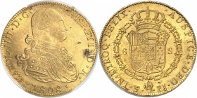 BOLIVIE
Charles IV (1788-1808). 8 escudos 1808, Potosi.
Av. Buste habillé à droite. Rv. Écu couronné.
Fr. 14.
PCGS MS 62. Une petite tache, Superb...
