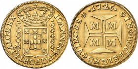 BRÉSIL
Jean V (1706-1750). 20.000 reis 1726, Minas Gerais.
Av. Écu couronné. Rv. Croix de Jérusalem.
Fr 33. 53,58 grs.
TTB à Superbe