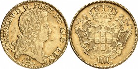 BRÉSIL
Jean V (1706-1750). 12.800 reis 1730, Minas Gerais.
Av. Tête laurée à droite. Rv. Ecusson.
Fr. 55. 28,47 grs.
TTB