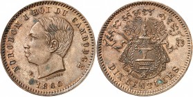 CAMBODGE
Norodom Ier (1860-1904). 10 centimes 1860 E, type adopté, essai en bronze. 
Av. Tête nue à gauche. Rv. Armes du Cambodge.
Lec. 20. 9,98 gr...
