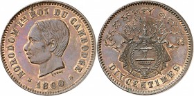 CAMBODGE
Norodom Ier (1860-1904). 10 centimes 1860, petite tête, type non adopté, essai en bronze. 
Av. Tête nue à gauche. Rv. Armes du Cambodge.
L...