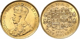 CANADA
Canada, Georges V (1910-1936). 5 dollars 1914, Ottawa.
Av. Buste couronné à gauche. Rv. Écu dans une couronné feuillue.
Fr. 4. 8,35 grs.
Ra...