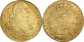 COLOMBIE
Charles IV (1788-1808). 8 escudos 1801 NR-JJ. Bogota.
Av. Buste habillé à droite. Rv. Écu couronné. 
Fr. 51. 26,87 grs.
TTB à Superbe...