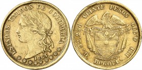 COLOMBIE
Etats-Unis (1863-1886). 20 pesos 1863, Bogota.
Av. Tête à gauche. Rv. Écu surmonté d’un aigle. 
Fr. 99. 32,12 grs.
Deux chocs sur la tran...