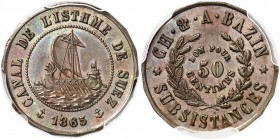 EGYPTE
Canal de Suez. Ch. & A. Bazin. 50 centimes, 1865.
Av. Voilier naviguant à gauche. Rv. Valeur dans une couronne.
L. 9.
PCGS MS 64 BN. Superb...