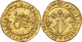 ESPAGNE
Valence, Ferdinand d’Aragon (1458-1494). Quadruple d’or.
Av. Buste habillé et couronné à gauche. Rv. Écu couronné.
Cal. manque, Fr. manque....