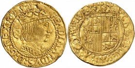 ESPAGNE
Ferdinand II d’Aragon (1479-1516). Ducat.
Av. Buste drapé et lauré à droite. Rv. Écu couronné.
Cay. 2325, Fr. 32. 22 mm. 3,46 grs.
Rare va...