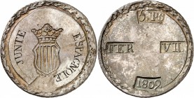 ESPAGNE
Catalogne, Ferdinand VII (1808-1833). 5 pesetas 1809, Tarragone, transformé en médaille de propagande.
Av. Ecu. Rv. Inscriptions dans 4 cart...