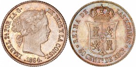 ESPAGNE
Isabelle II (1833-1868). 40 centimos de escudo 1864.
Av. Tête coiffée à gauche. Rv. Écu couronné.
Cal. 336.
GENI MS 65. Fleur de coin