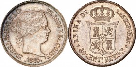 ESPAGNE
Isabelle II (1833-1868). 40 centimos de escudo 1865.
Av. Tête coiffée à gauche. Rv. Écu couronné.
Cal. 337.
GENI MS 65. Fleur de coin