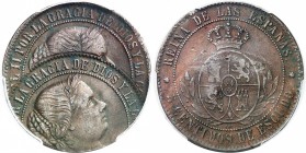 ESPAGNE
Isabelle II (1833-1868). 5 centimos (1866-68) double frappe.
Av. Tête coiffée à droite. Rv. Écu couronné.
PCGS XF 45. Spectaculaire erreur ...