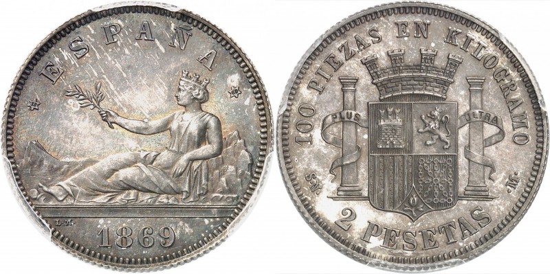 ESPAGNE
Gouvernement Provisoire (1868-1870). 2 pesetas 1869(69) SN.M, Madrid, f...
