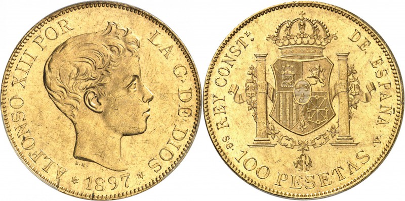 ESPAGNE
Alphonse XIII (1886-1931). 100 pesetas 1897 (97).
Av. Tête nue à droit...