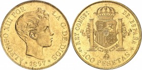 ESPAGNE
Alphonse XIII (1886-1931). 100 pesetas 1897 (97).
Av. Tête nue à droite. Rv. Armes entre les deux colonnes d’Hercule.
KM 655. 
PCGS MS 61....