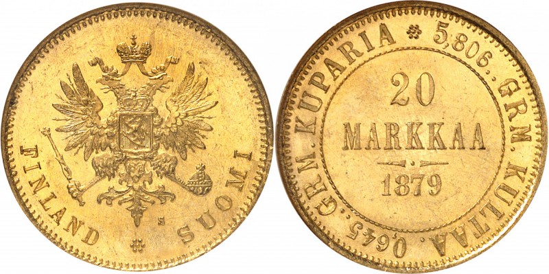 FINLANDE
Alexandre II (1855-1881). 20 markkaa 1879 S.
Av. Aigle bicéphale cour...