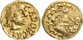 FRANCE
Mérovingiens. Cahors. Monétaire MAGNVS (VI-VIIème siècle). Triens en or.
Av. CADORCA F Tête à droite, rameaux très apparents, guirlande au po...