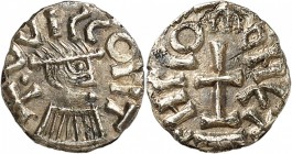 FRANCE
Mérovingiens, Quentovic Monétaire ANGLVS II (660-675). Triens en électrum.
Av. + VVICCO FIT Buste diadémé, à droite. Rv. VNCLOMONET Croix lat...