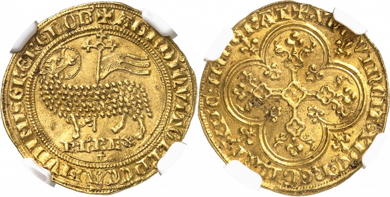 FRANCE
Charles IV (1322-1328). Agnel d’or.
Av. Agneau pascal à gauche, la tête...