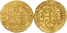 FRANCE
Philippe VI (1328-1350). Écu d’or à la chaise deuxième émission 1343.
Av. Le roi assis dans une stalle gothique, couronné, vêtu d’un haubert ...