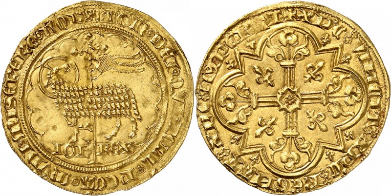 FRANCE
Jean II le Bon (1350-1364). Mouton d’or.
Av. Agneau pascal à gauche, la...