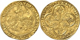 FRANCE
Jean II le Bon (1350-1364). Franc à cheval décembre 1360.
Av. Le roi galopant à gauche tenant une épée dans sa main gauche. Rv. Croix feuillu...