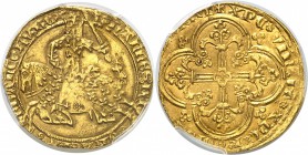 FRANCE
Jean II le Bon (1350-1364). Franc à cheval.
Av. Le roi galopant à gauche, tenant une épée dans sa main gauche. Rv. Croix feuillue avec quadri...