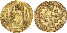 FRANCE
Jean II le Bon (1350-1364). Royal d’or 2ème émission avril 1359.
Av. Le roi debout sous un dais gothique. Rv. Croix fleuronnée et feuillue, a...