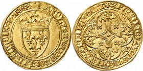 FRANCE
Charles VI (1380-1422). Écu d’or à la couronne première émission.
Av. Écu de France couronné. Rv. Croix fleurdelisée, étoile au centre, quadr...