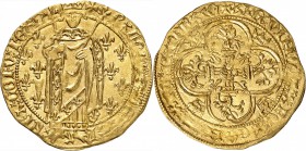 FRANCE
Charles VII (1422-1461). Royal d’or, Chinon.
Av. Le roi debout de face, couronné, vêtu d’une robe et d’un manteau fleurdelisé, tenant deux sc...