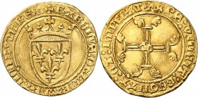 FRANCE
Charles VII (1422-1461). 1/2 écu d’or au soleil, Paris.
Av. Écu de France couronné. Rv. Croix 
Dup. 513C. Fr. 308 1,71 grs.
Rare, TTB à Sup...