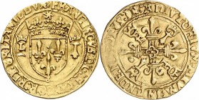 FRANCE
François Ier (1515-1547). Écu d’or de Bretagne 2ème type, Nantes.
Av. Croix fleurdelisée avec quadrilobe en cœur, cantonnée de deux mouchetur...